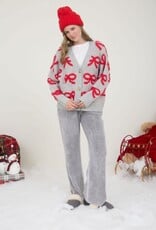Miss Bliss Blu Bow Pattern Button Down Knit Cardi-Heather G