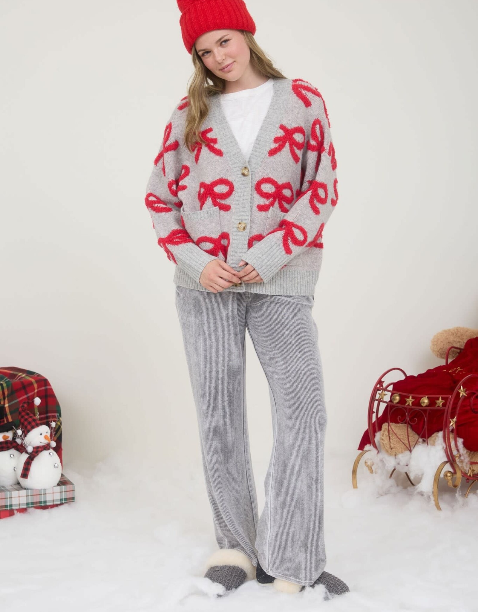 Miss Bliss Blu Bow Pattern Button Down Knit Cardi-Heather G