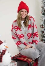 Miss Bliss Blu Bow Pattern Button Down Knit Cardi-Heather G