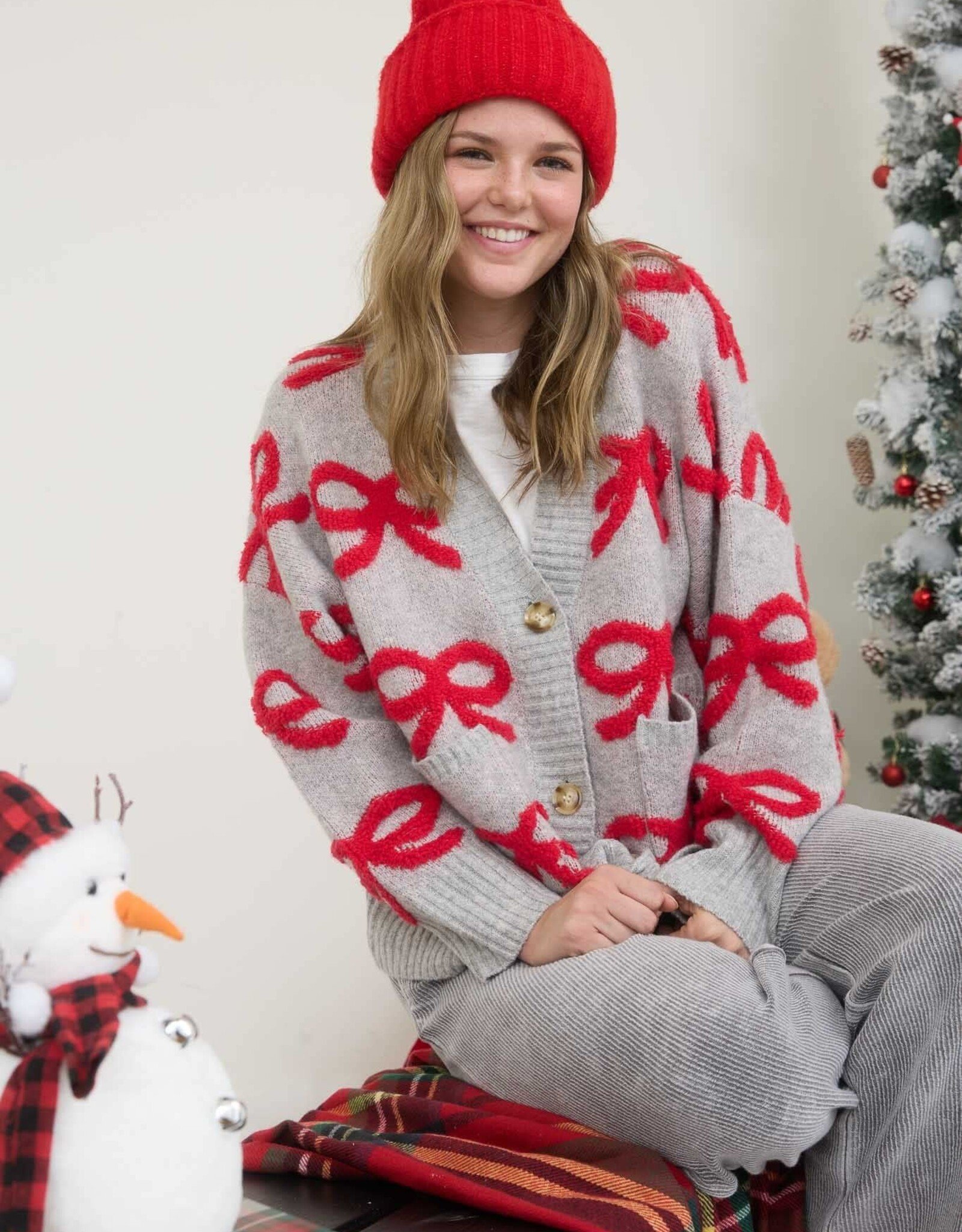 Miss Bliss Blu Bow Pattern Button Down Knit Cardi-Heather G