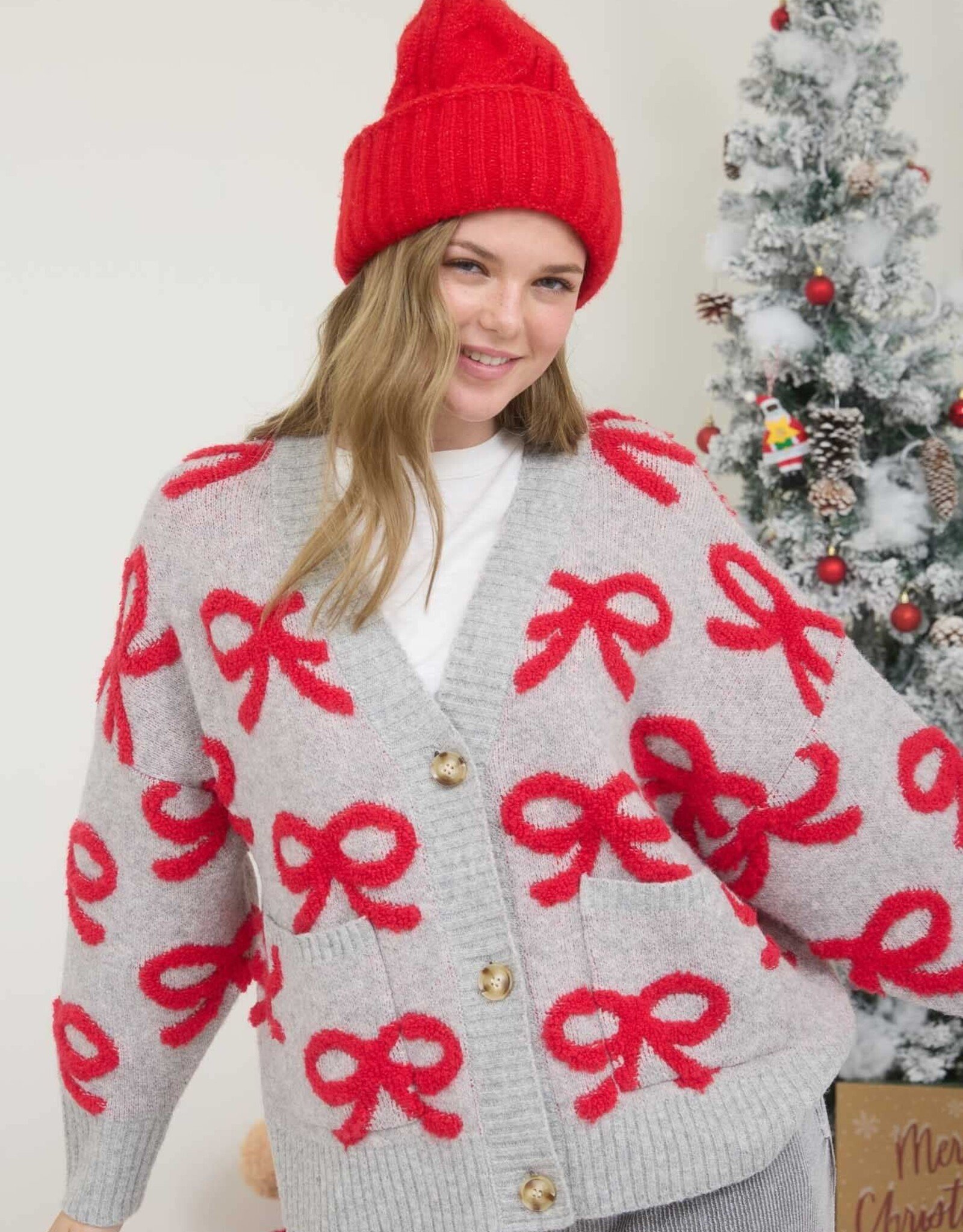 Miss Bliss Blu Bow Pattern Button Down Knit Cardi-Heather G