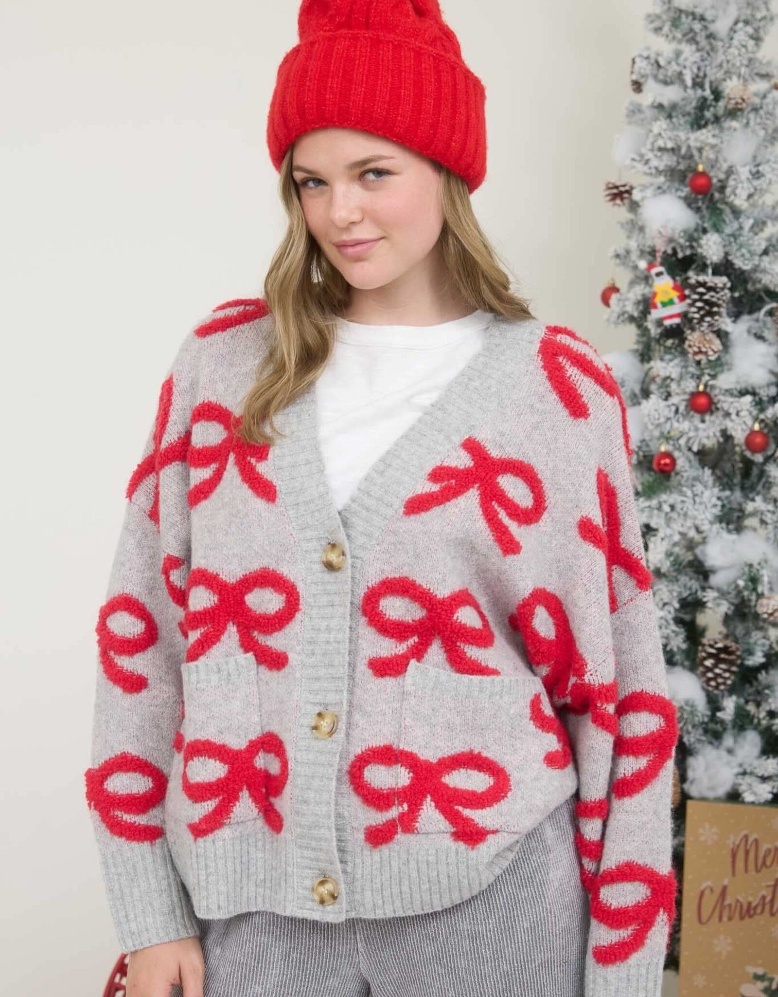 Miss Bliss Blu Bow Pattern Button Down Knit Cardi-Heather G