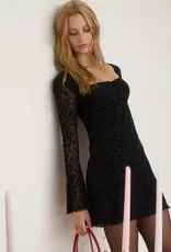 Miss Bliss Blu Velvet Floral Print Long Sheer Slv Mini Dress-Black