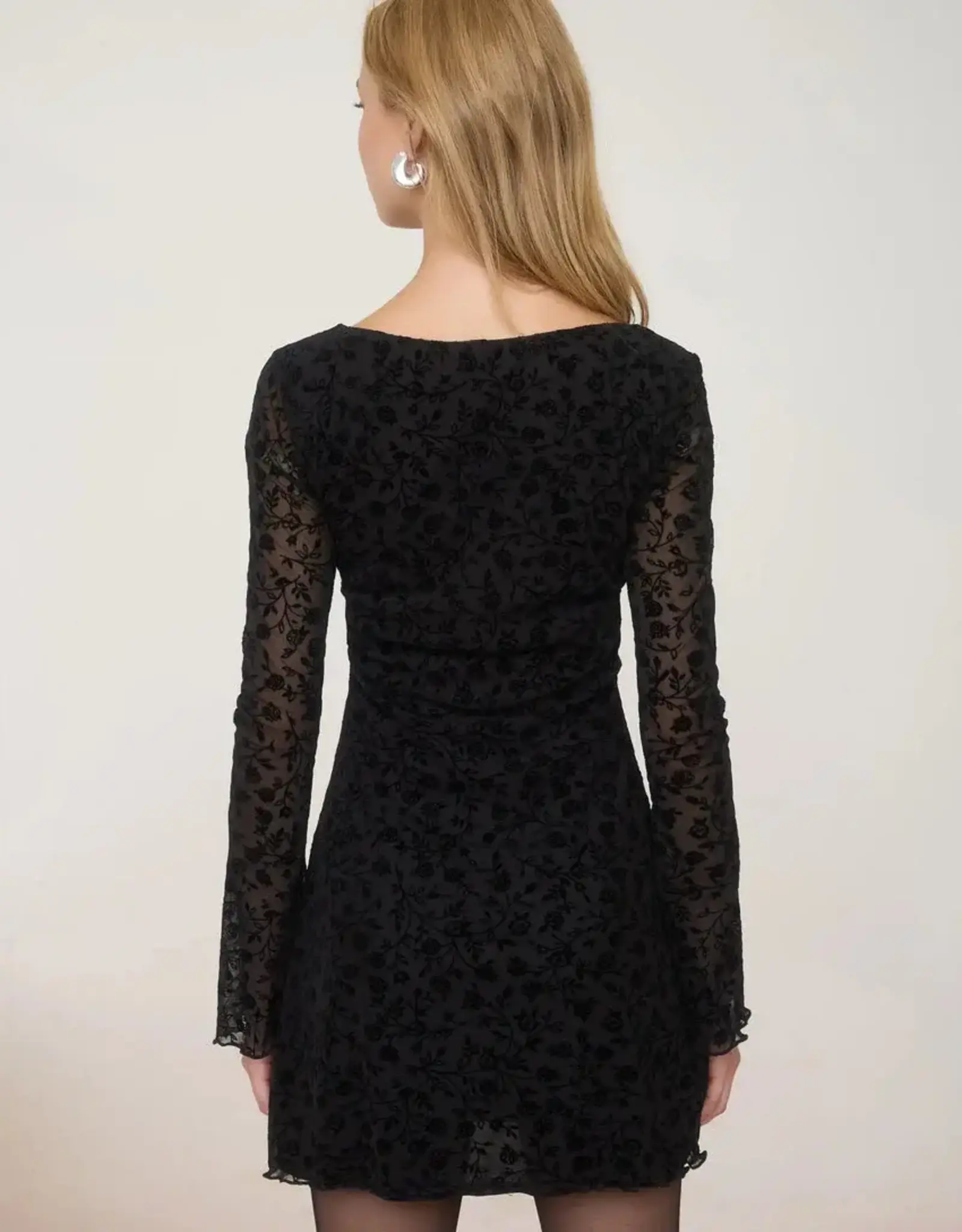 Miss Bliss Blu Velvet Floral Print Long Sheer Slv Mini Dress-Black