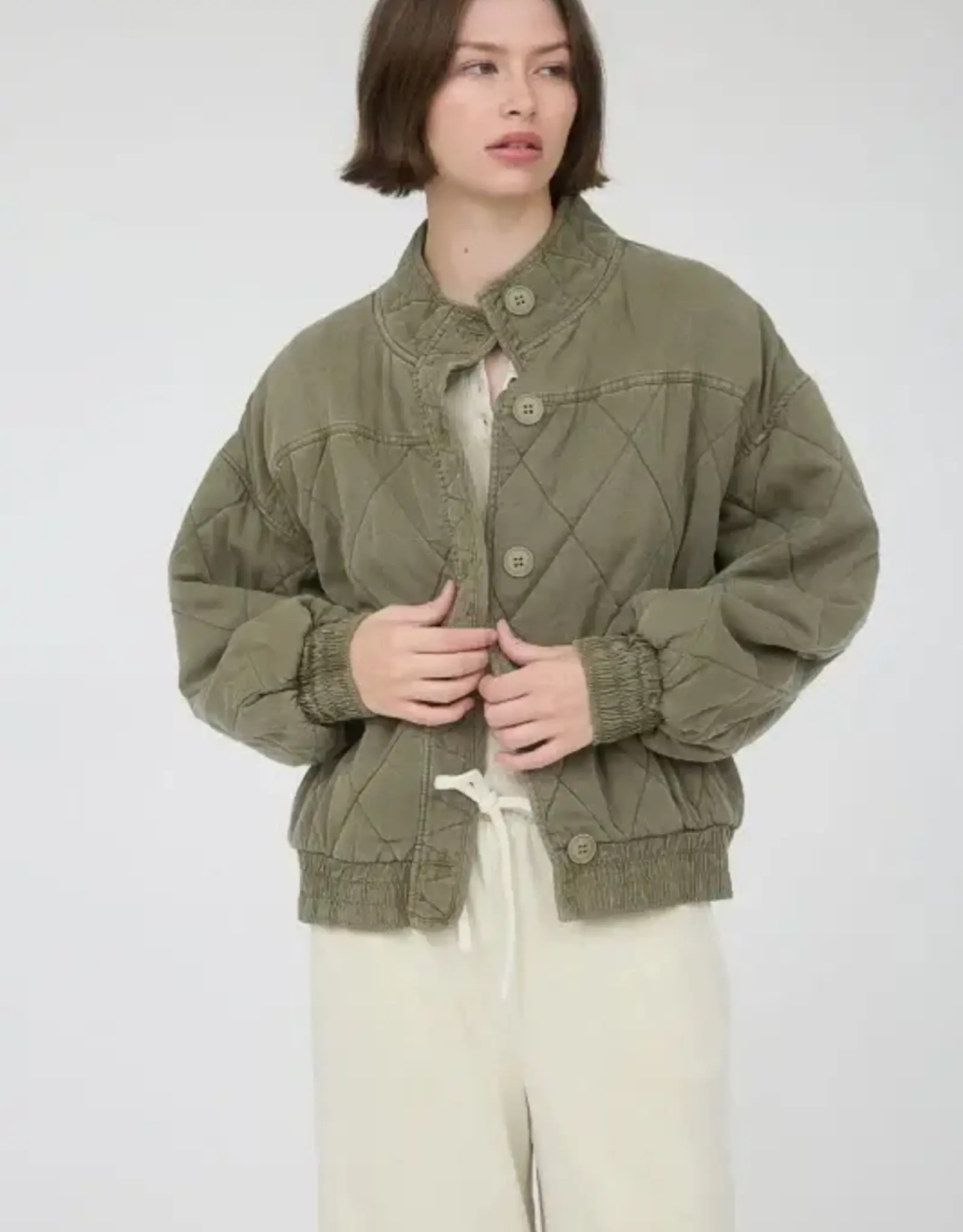 Blu Washed Quilted Button Down Jacket-Olive