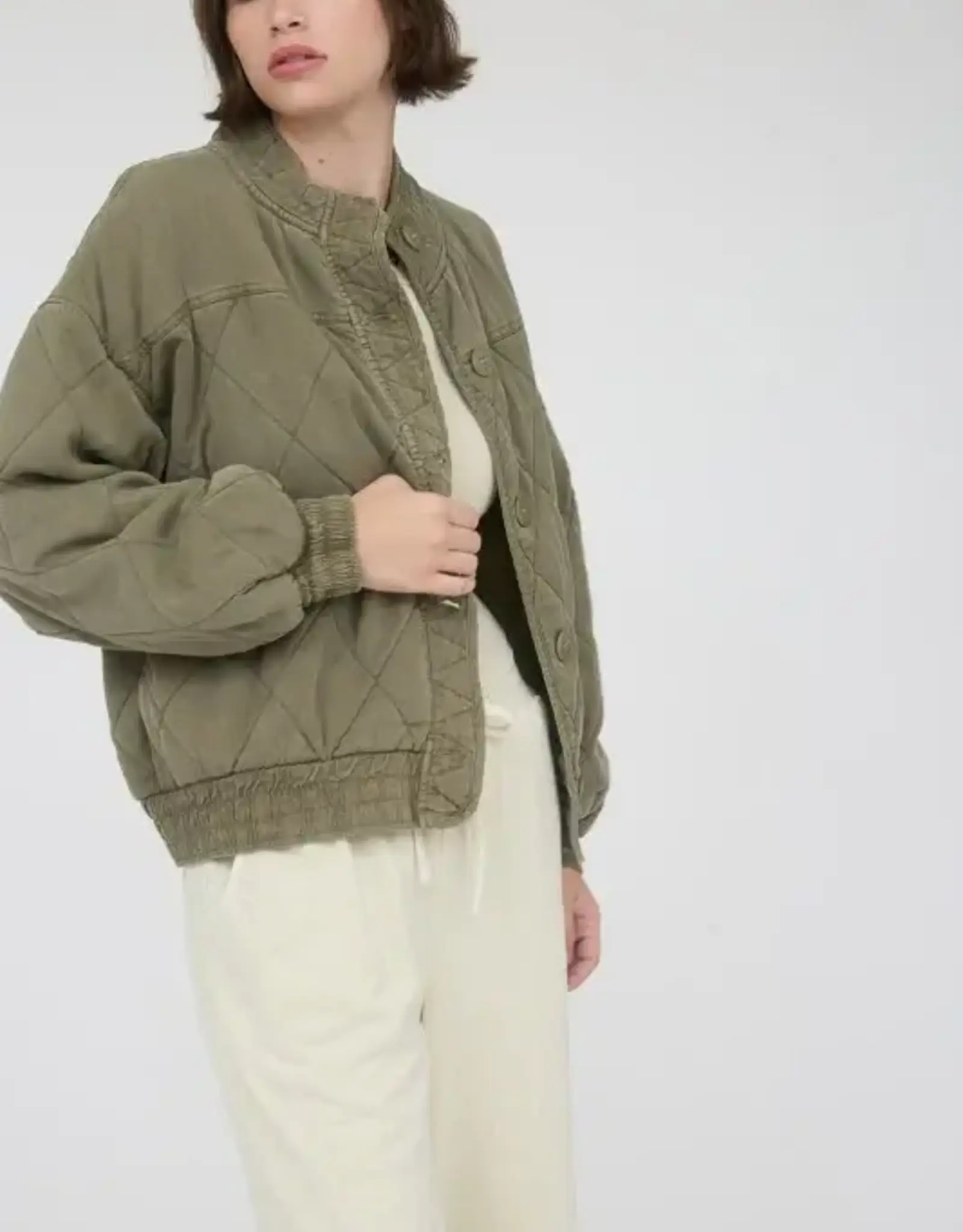 Blu Washed Quilted Button Down Jacket-Olive