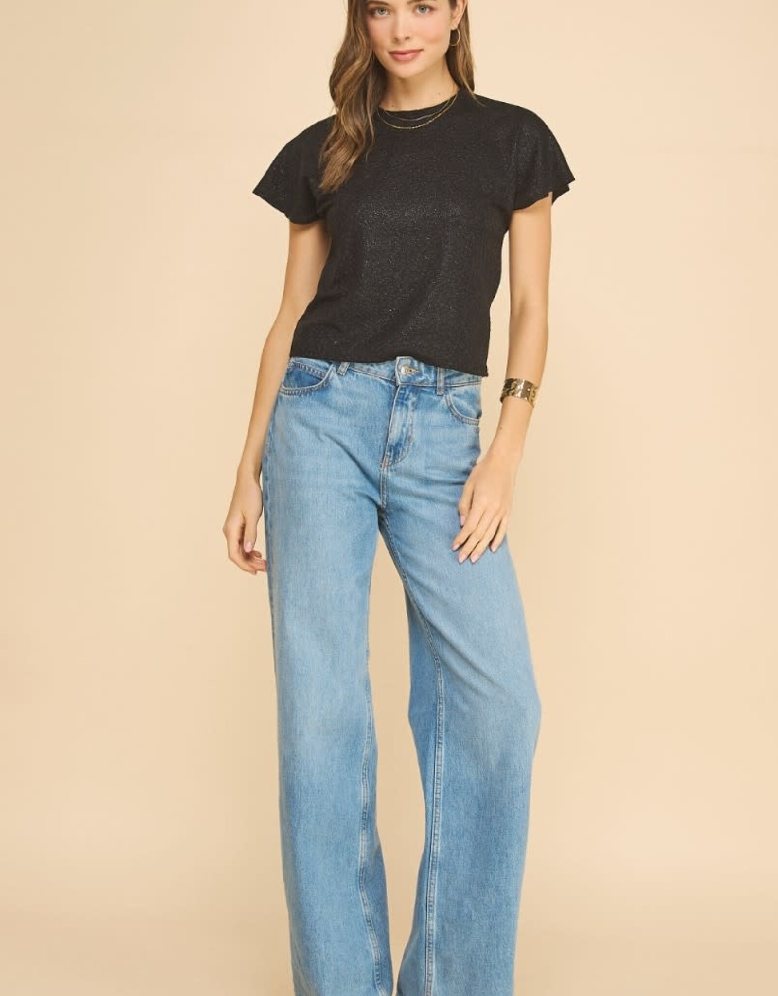 Miss Bliss ISL Shimmery Maine Cap Slv Top-Black