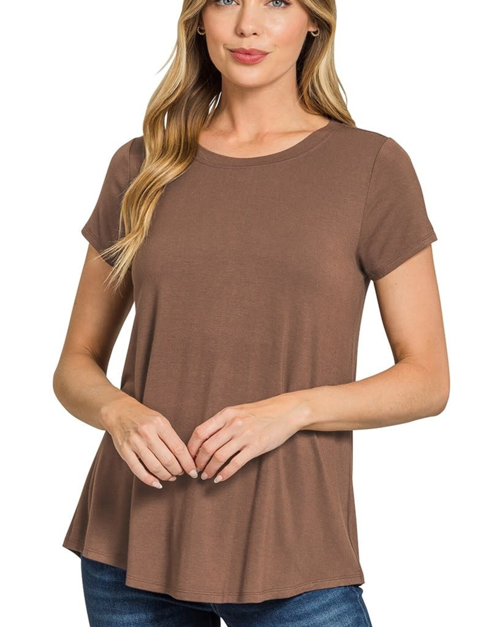 Miss Bliss Zen Flowy R Hem Rayon Ss Top-Brown