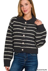 Miss Bliss Zen Striped Collared 5 Button Cardigan-Black