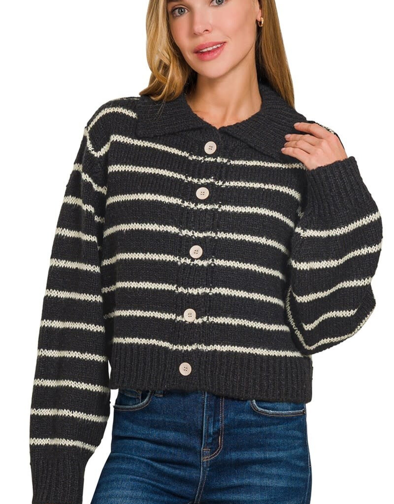 Miss Bliss Zen Striped Collared 5 Button Cardigan-Black