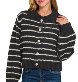 Miss Bliss Zen Striped Collared 5 Button Cardigan-Black