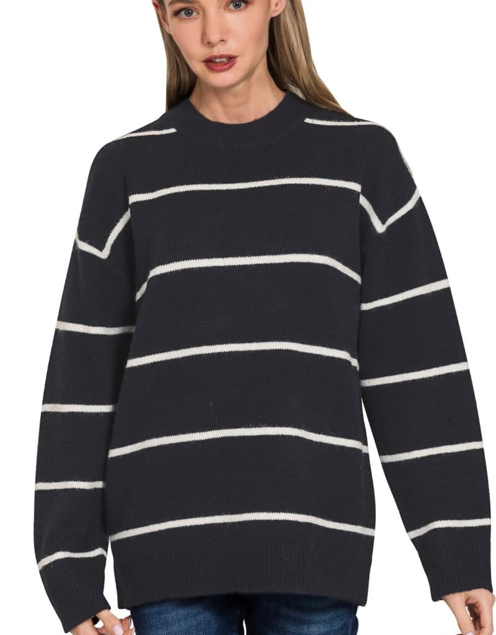 Miss Bliss Zen Round Neck Stripe Sweater-B&W
