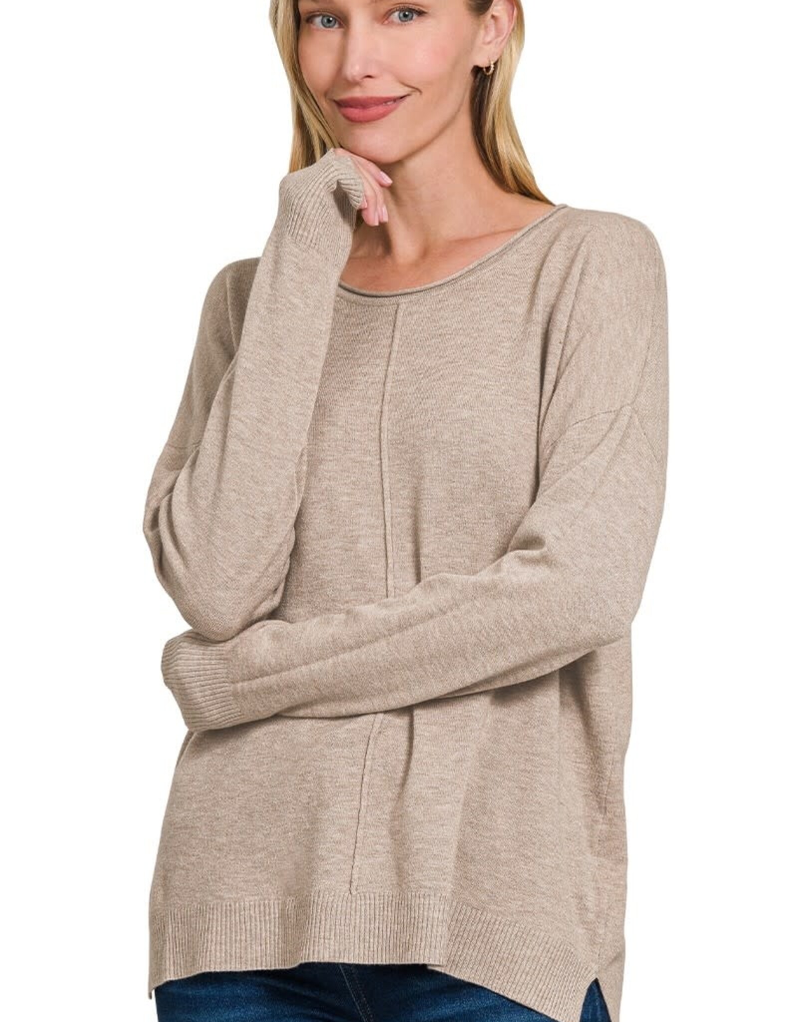 Miss Bliss Viscose Front Seam Round Neck Sweater-Ash Mocha