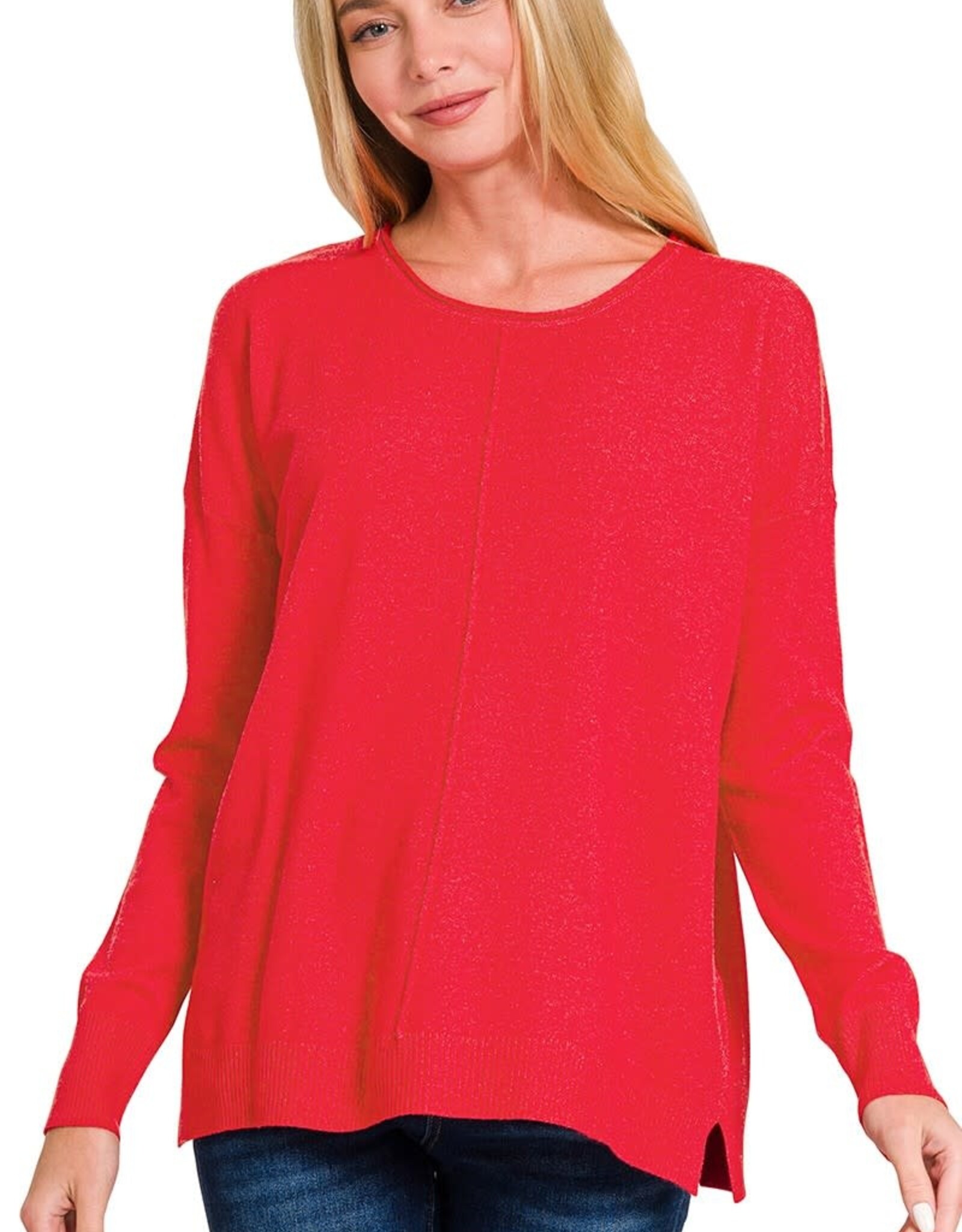 Miss Bliss Viscose Front Seam Round Neck Sweater-Red