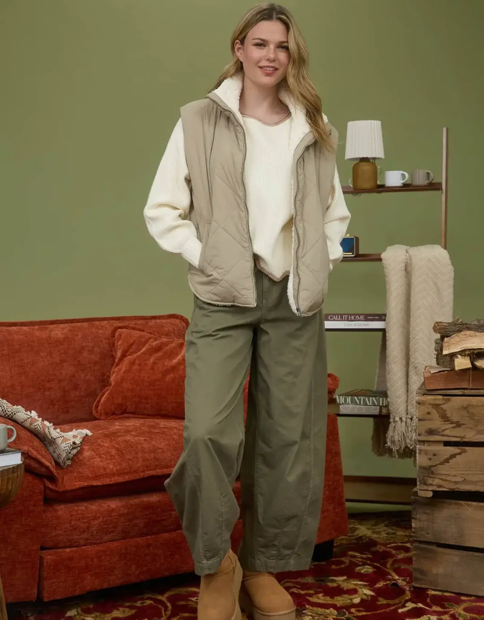 Miss Bliss Blu Quilt Zip Up Fleece Lined Puffer Vest-Cement