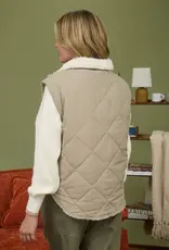 Miss Bliss Blu Quilt Zip Up Fleece Lined Puffer Vest-Cement