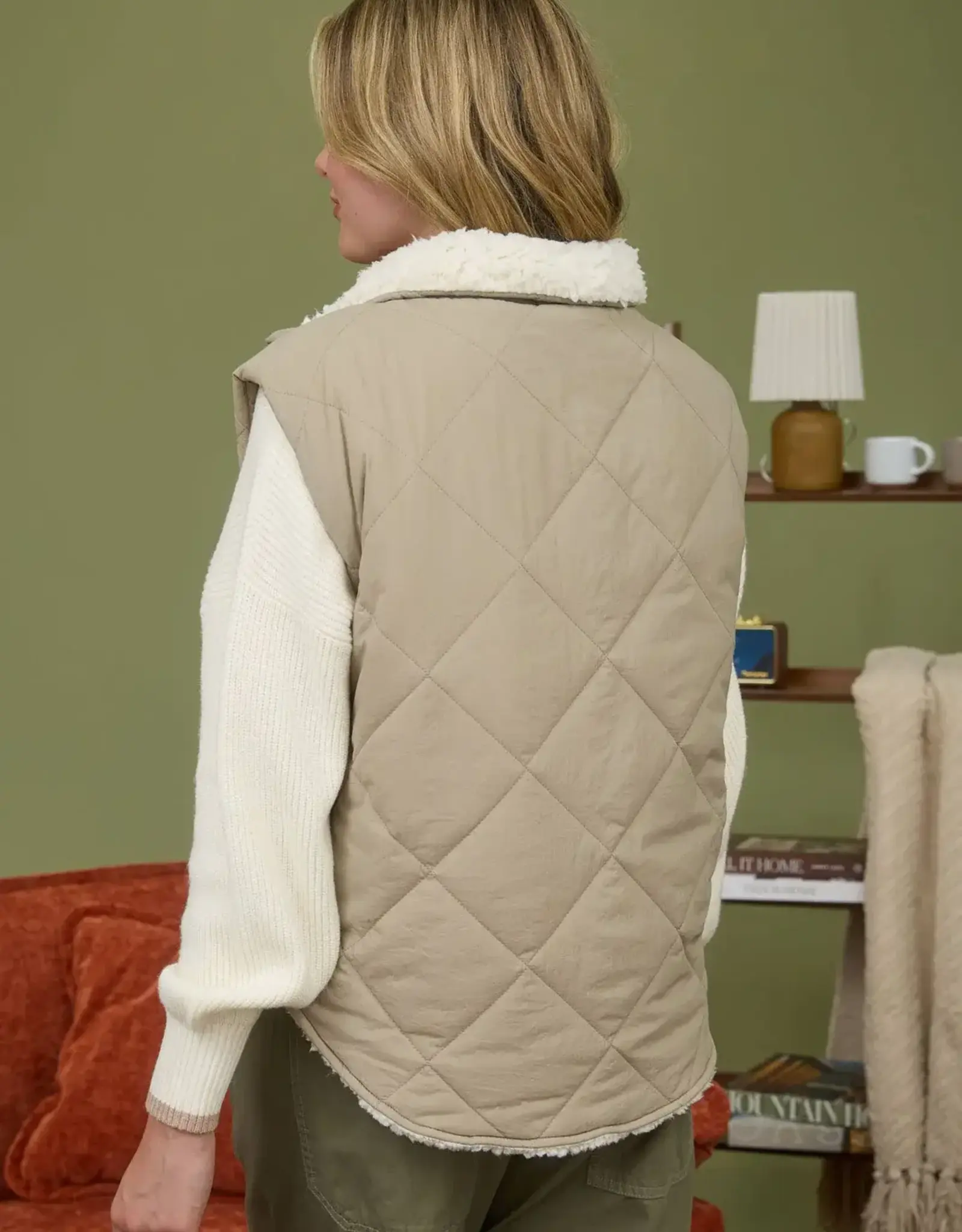 Miss Bliss Blu Quilt Zip Up Fleece Lined Puffer Vest-Cement