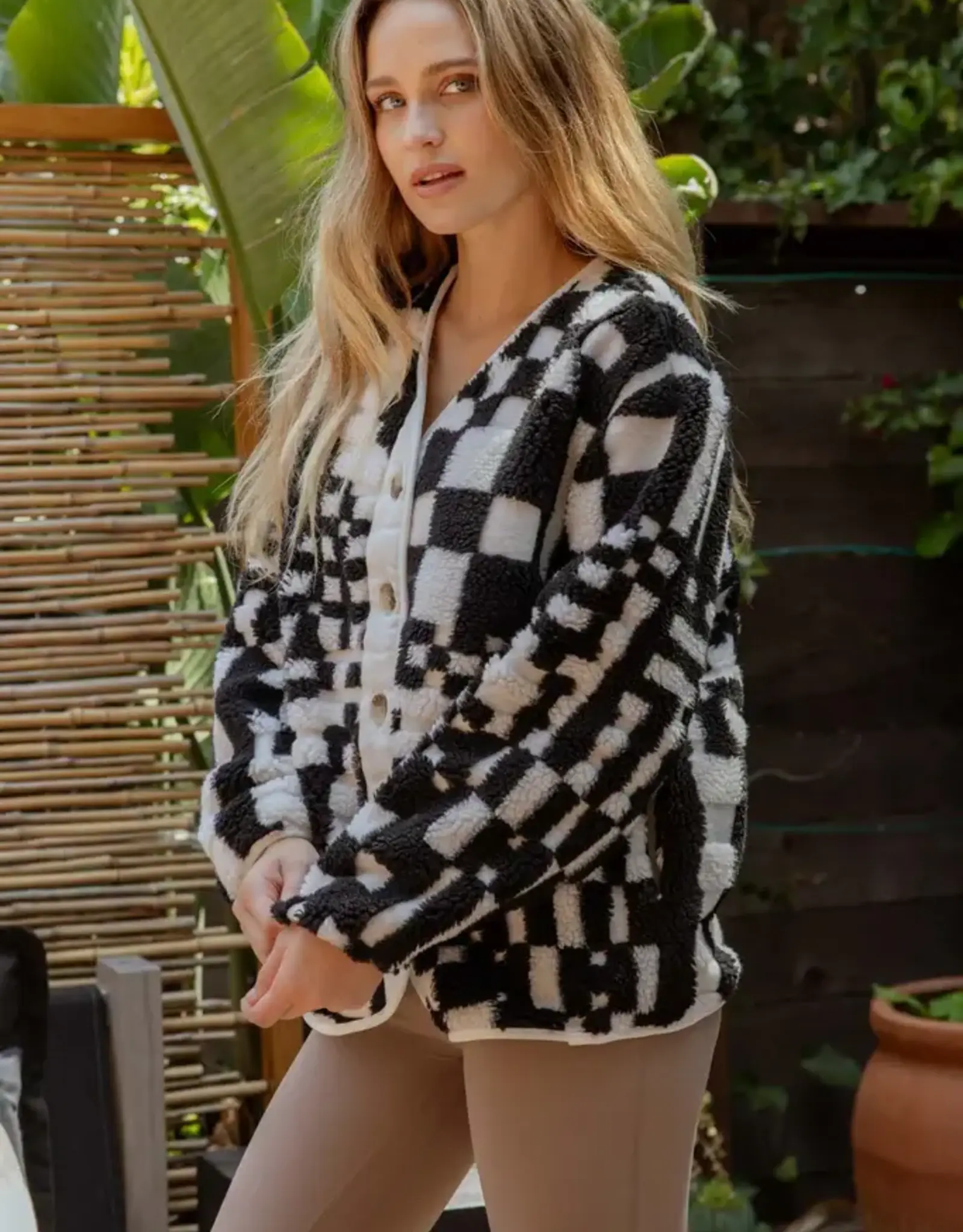 Miss Bliss Blu Checkered Nck Button Dwn Flce Jacket