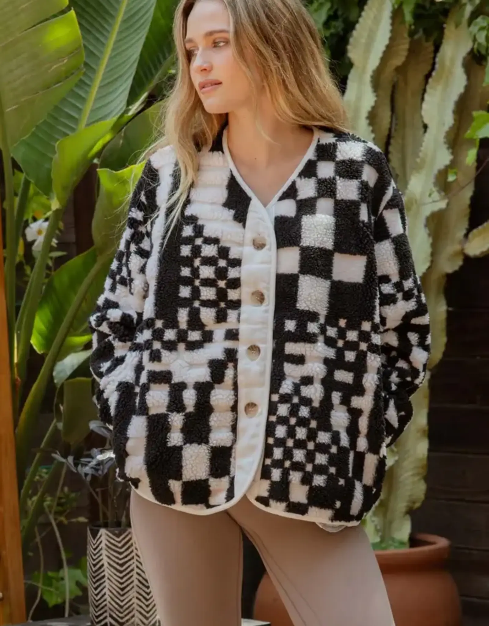 Miss Bliss Blu Checkered Nck Button Dwn Flce Jacket