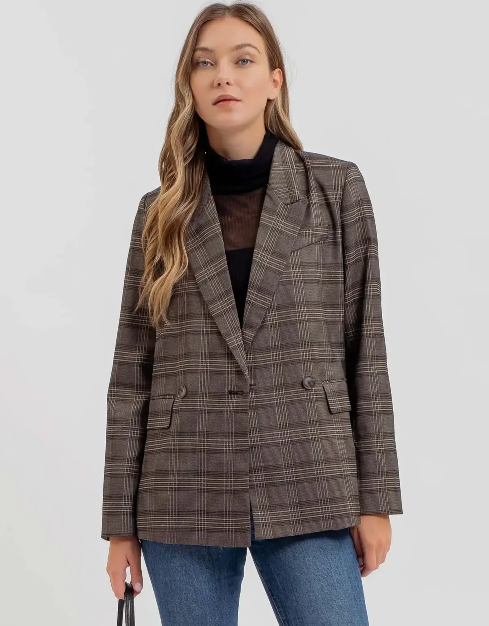 Miss Bliss Blu Plaid Collared Long Sleeve Blazer-Charcoal