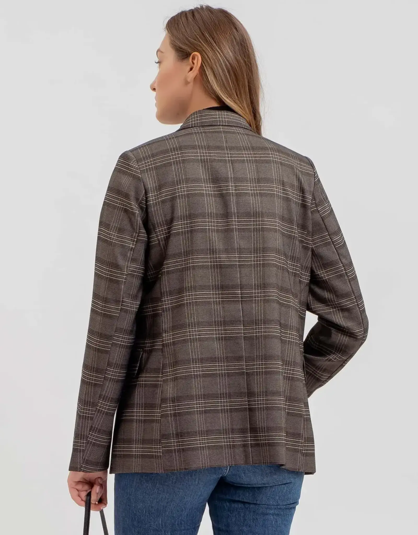 Miss Bliss Blu Plaid Collared Long Sleeve Blazer-Charcoal