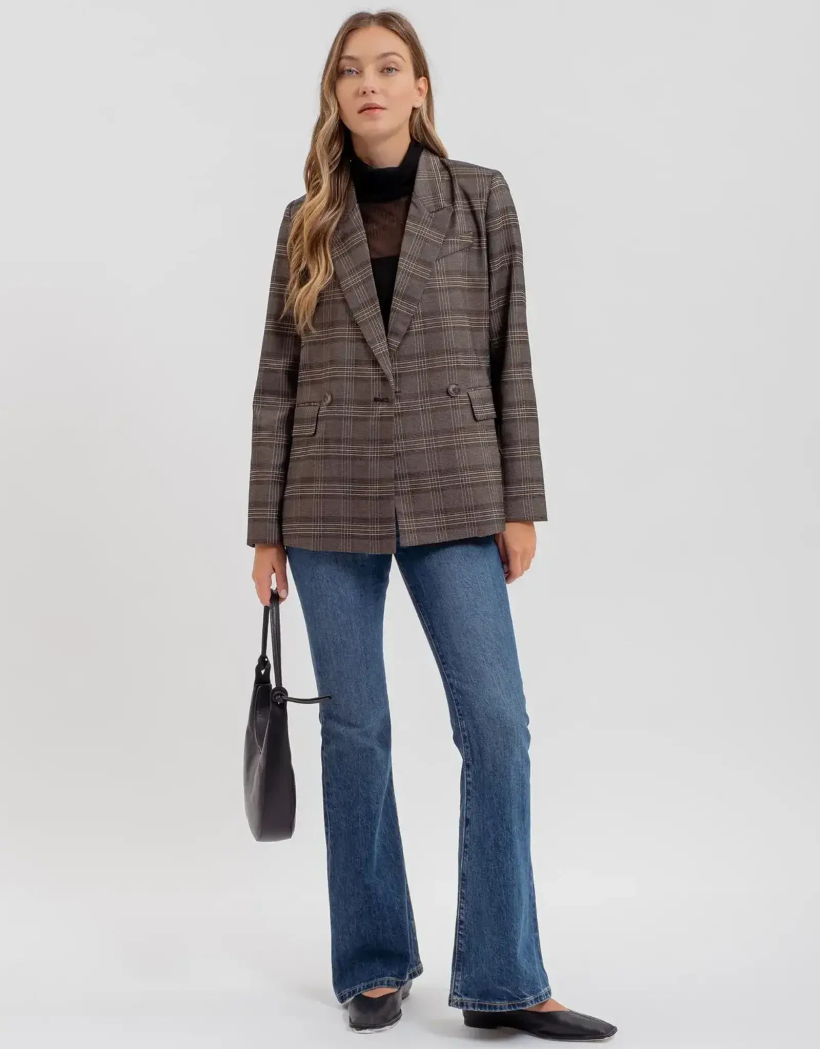 Miss Bliss Blu Plaid Collared Long Sleeve Blazer-Charcoal