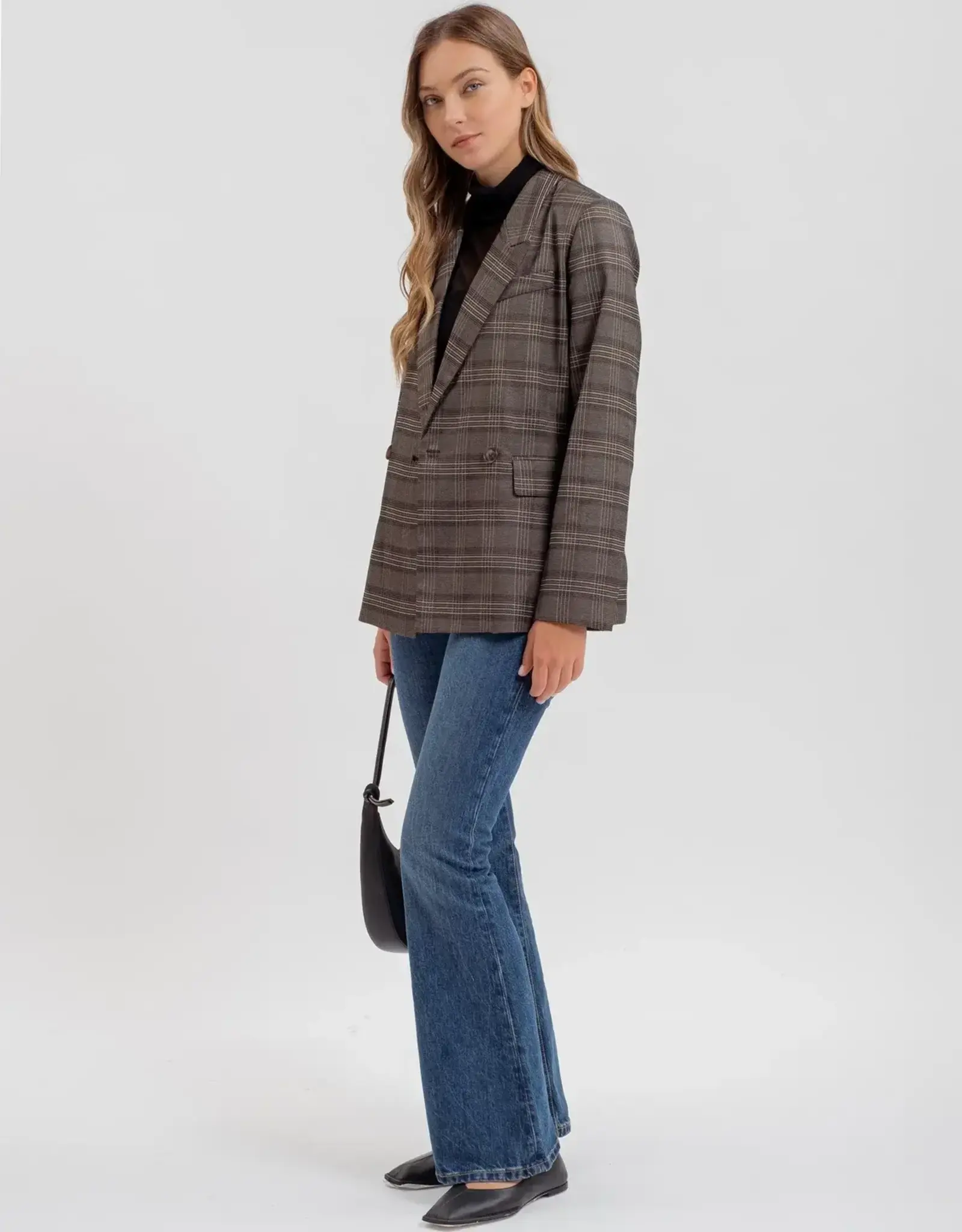 Miss Bliss Blu Plaid Collared Long Sleeve Blazer-Charcoal