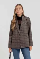 Miss Bliss Blu Plaid Collared Long Sleeve Blazer-Charcoal