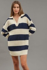 Miss Bliss Blu Stripe Ls Mini Sweater Dress-Iv/Navy