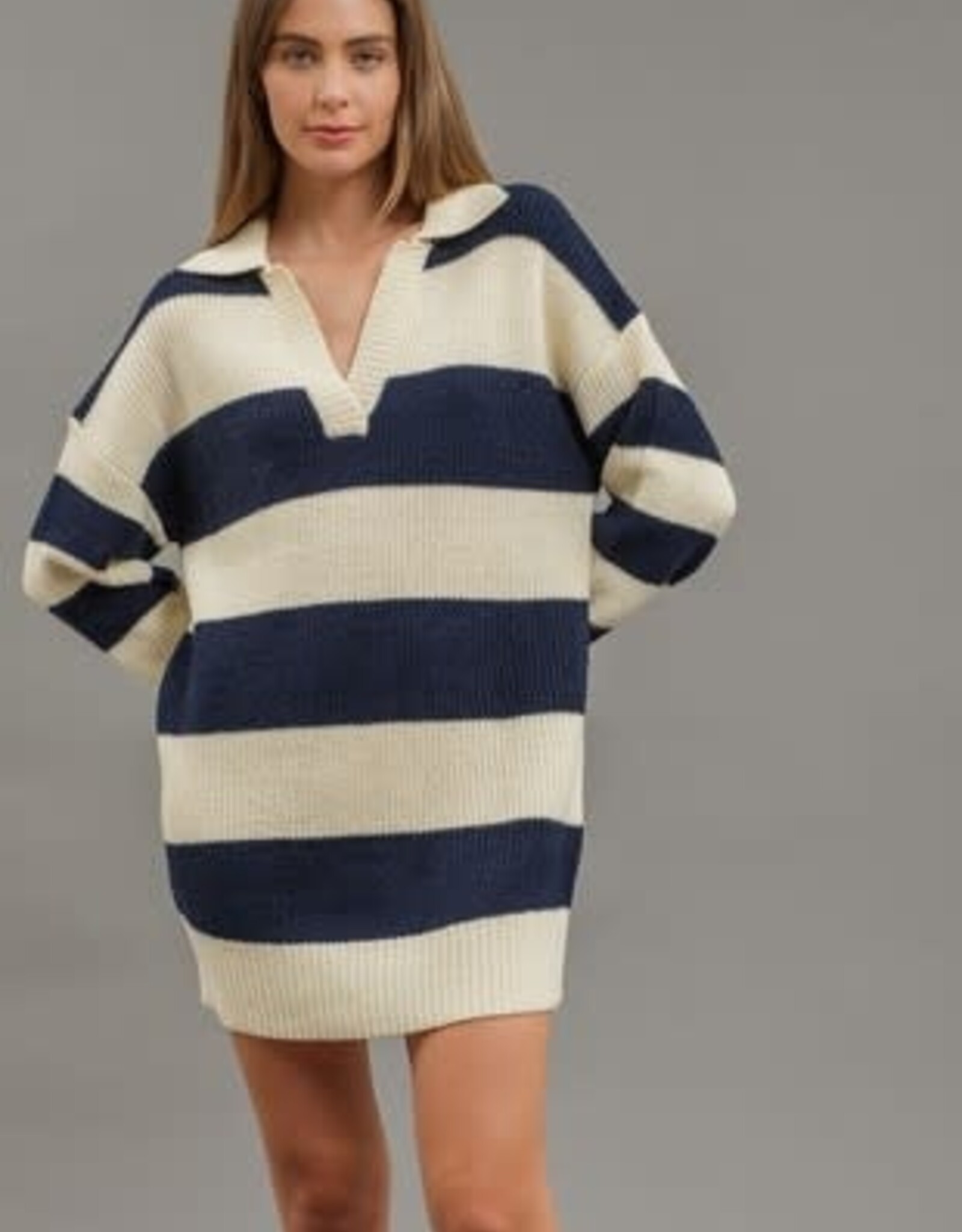 Miss Bliss Blu Stripe Ls Mini Sweater Dress-Iv/Navy