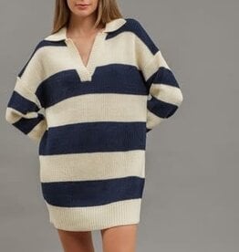 Miss Bliss Ivory & Navy Striped Mini Sweater Dress