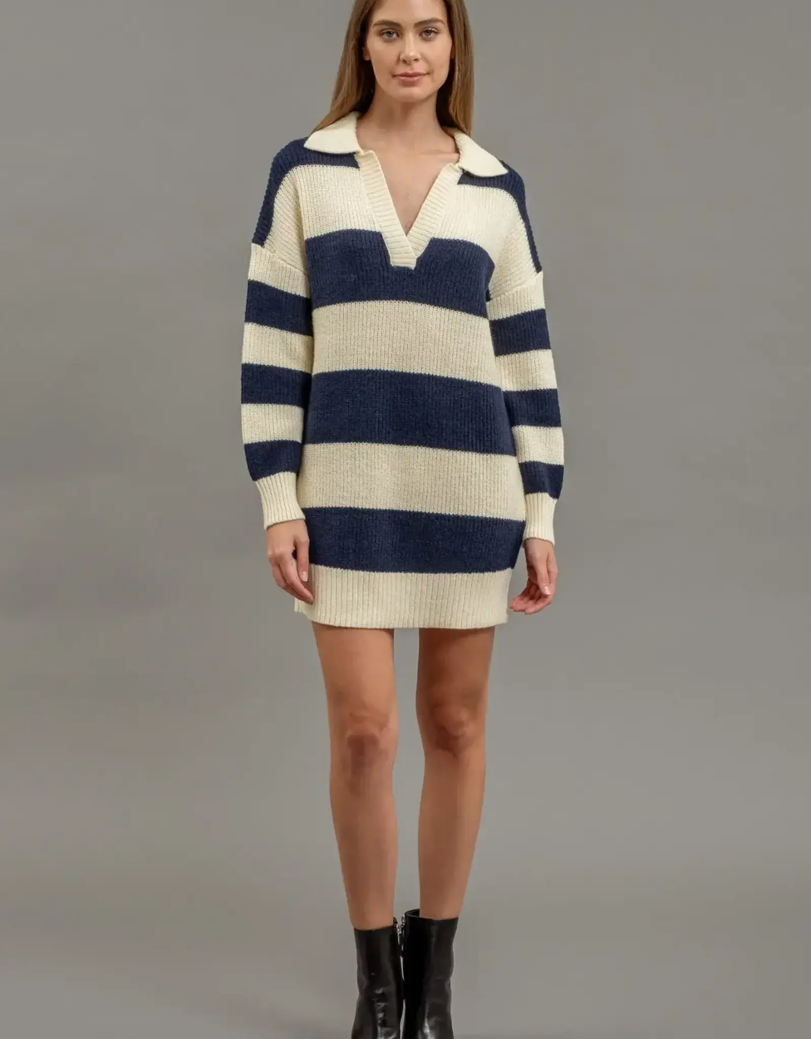 Miss Bliss Blu Stripe Ls Mini Sweater Dress-Iv/Navy