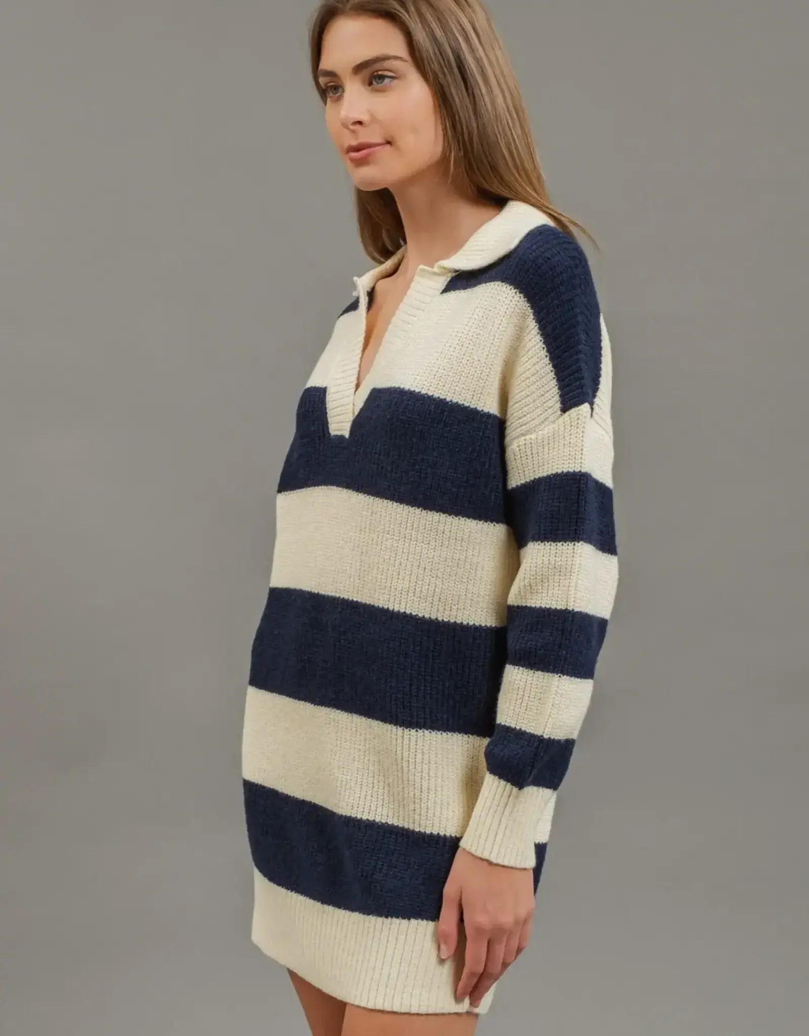 Miss Bliss Blu Stripe Ls Mini Sweater Dress-Iv/Navy