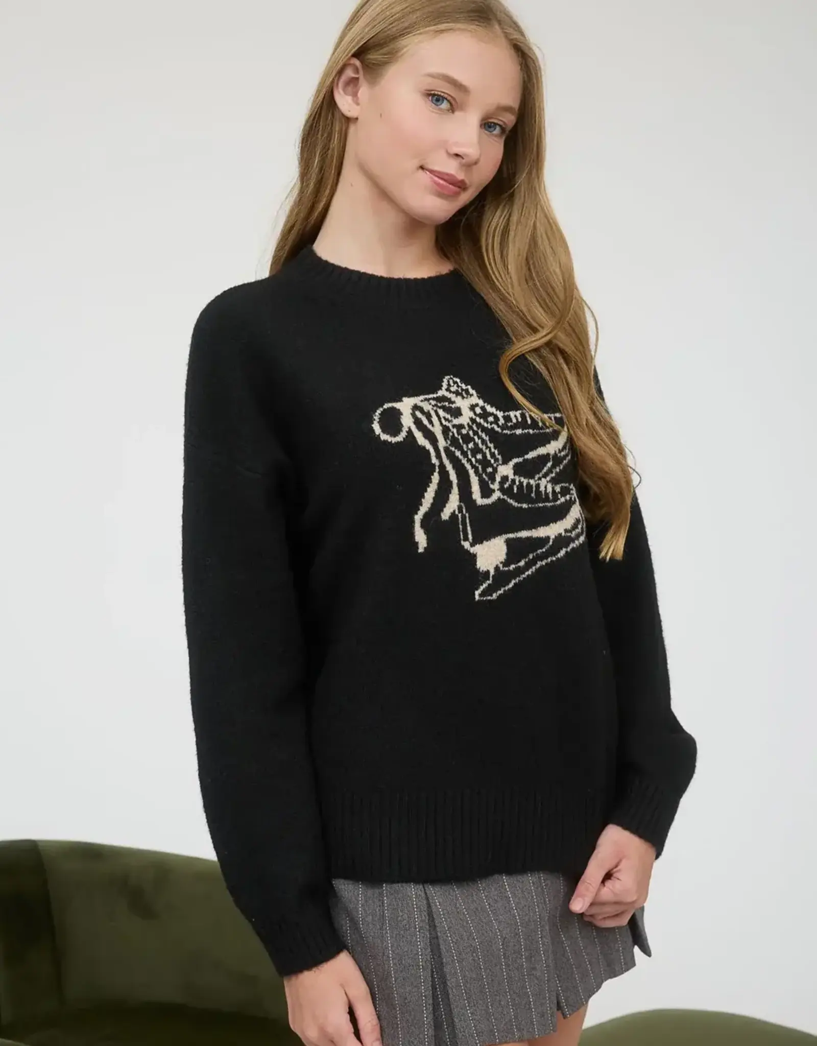 Miss Bliss Blu Ice Skate Jacquard Knit Pullover-Black