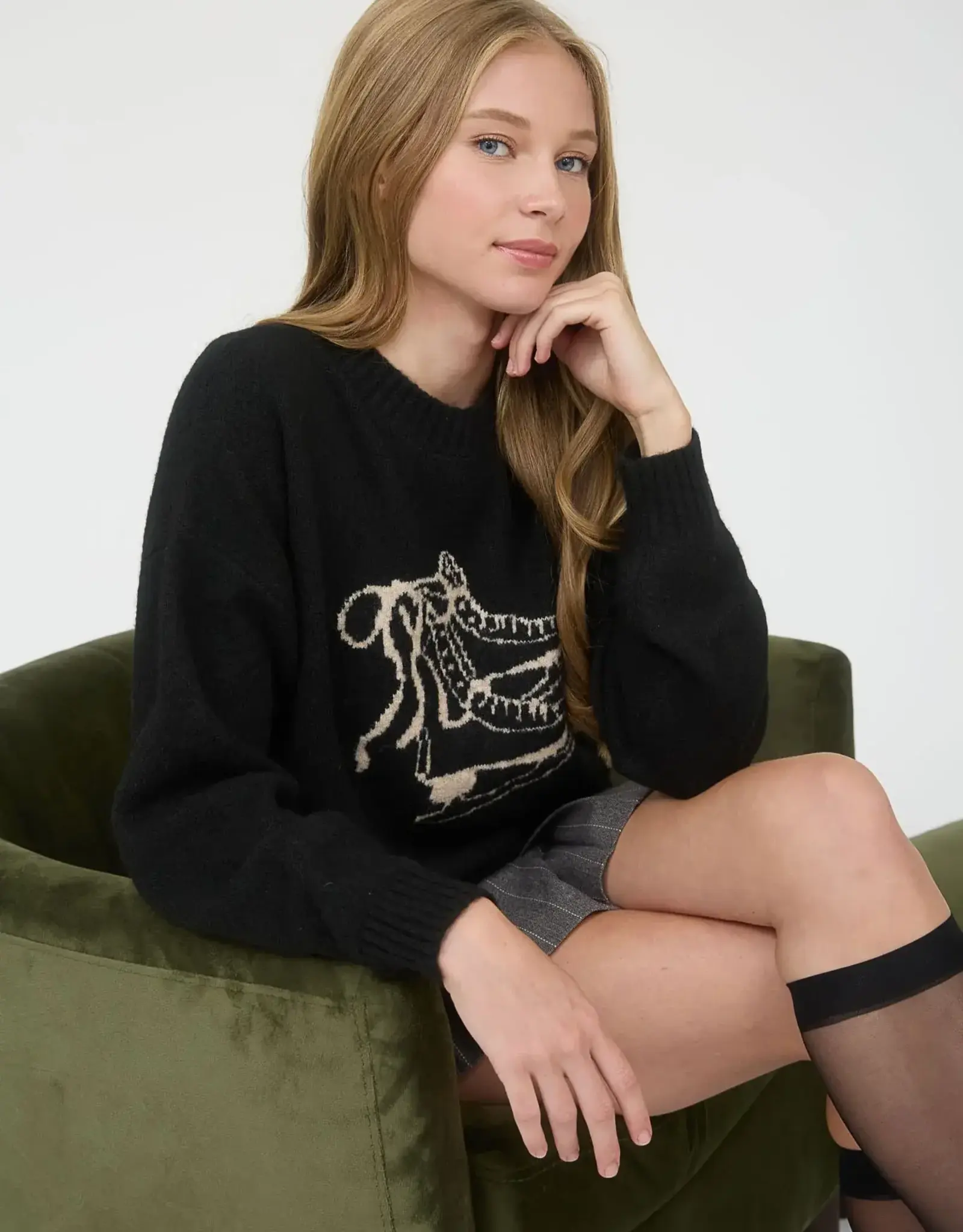 Miss Bliss Blu Ice Skate Jacquard Knit Pullover-Black