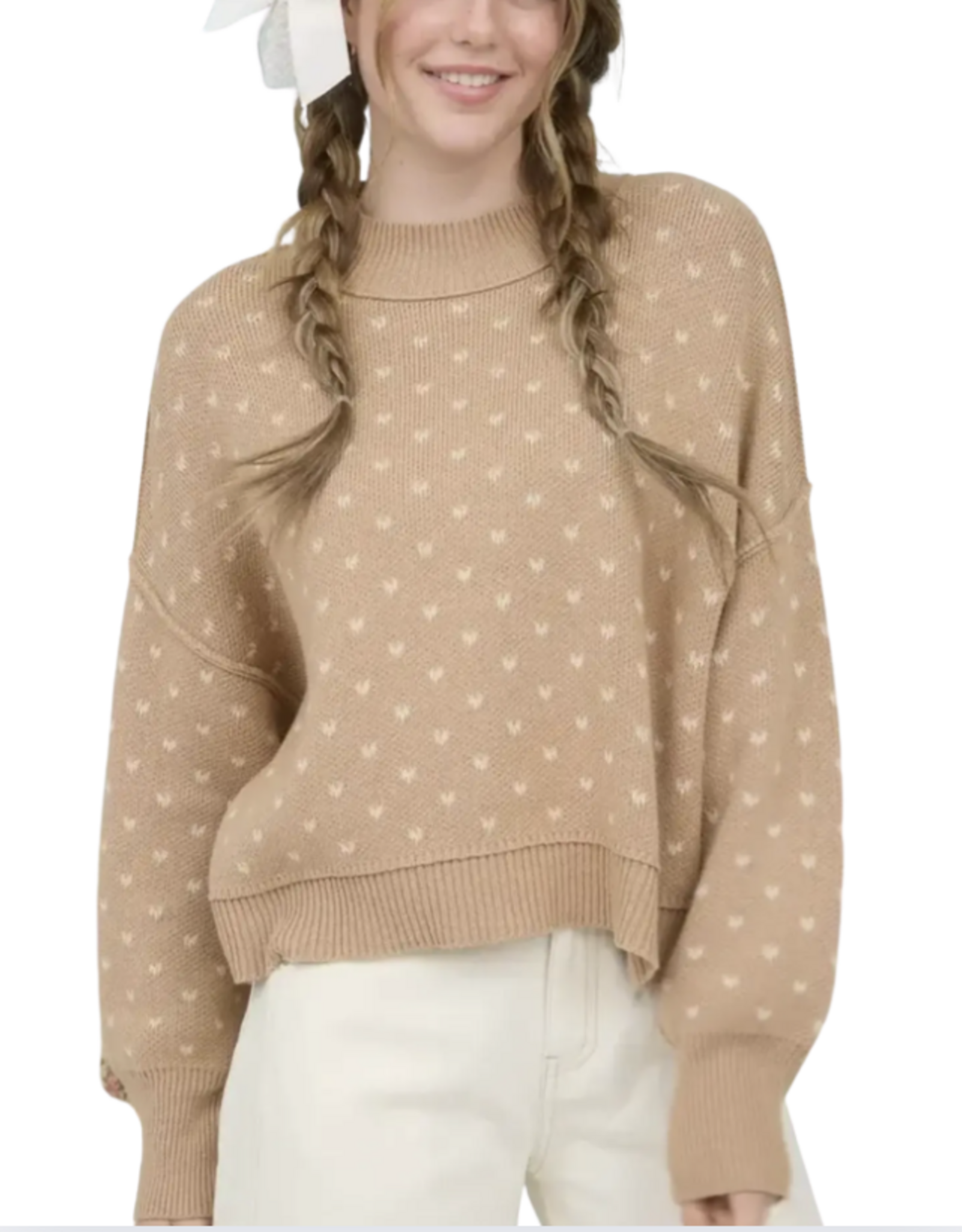 Miss Bliss Blu Heart Pattern Knit Pullover Sweater-Khaki