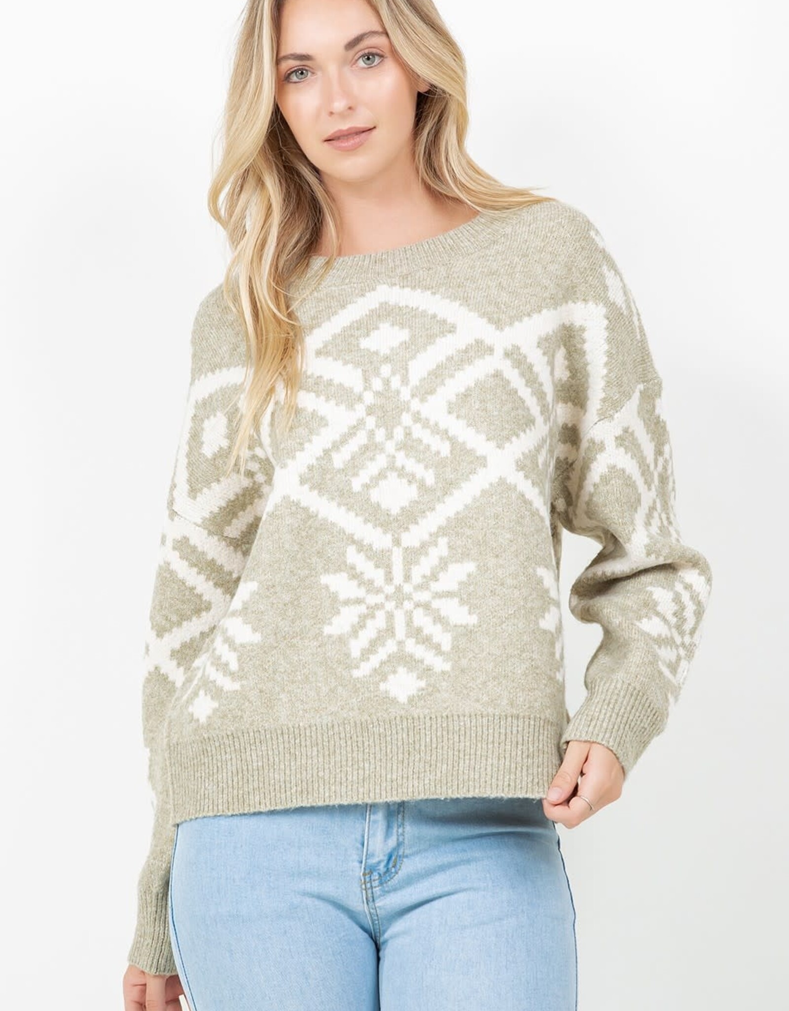 Miss Bliss Dream Snowflake Pattern Sweater-Sage