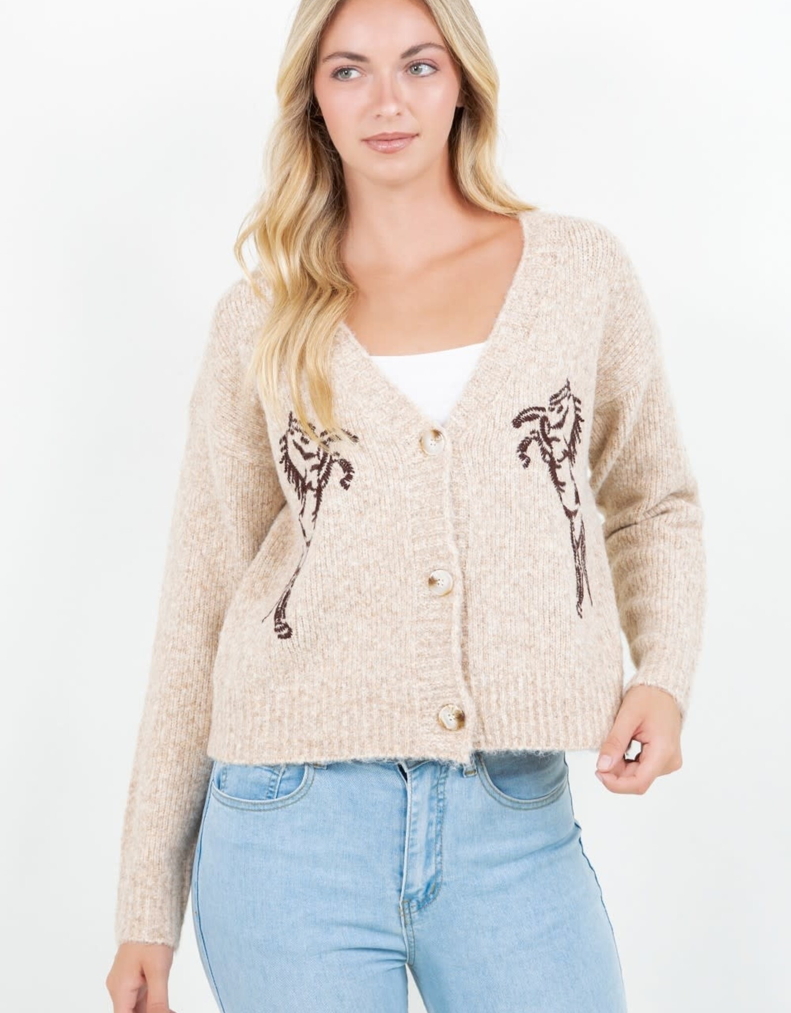 Miss Bliss Dream Prancing Horse Cardigan-Taupe