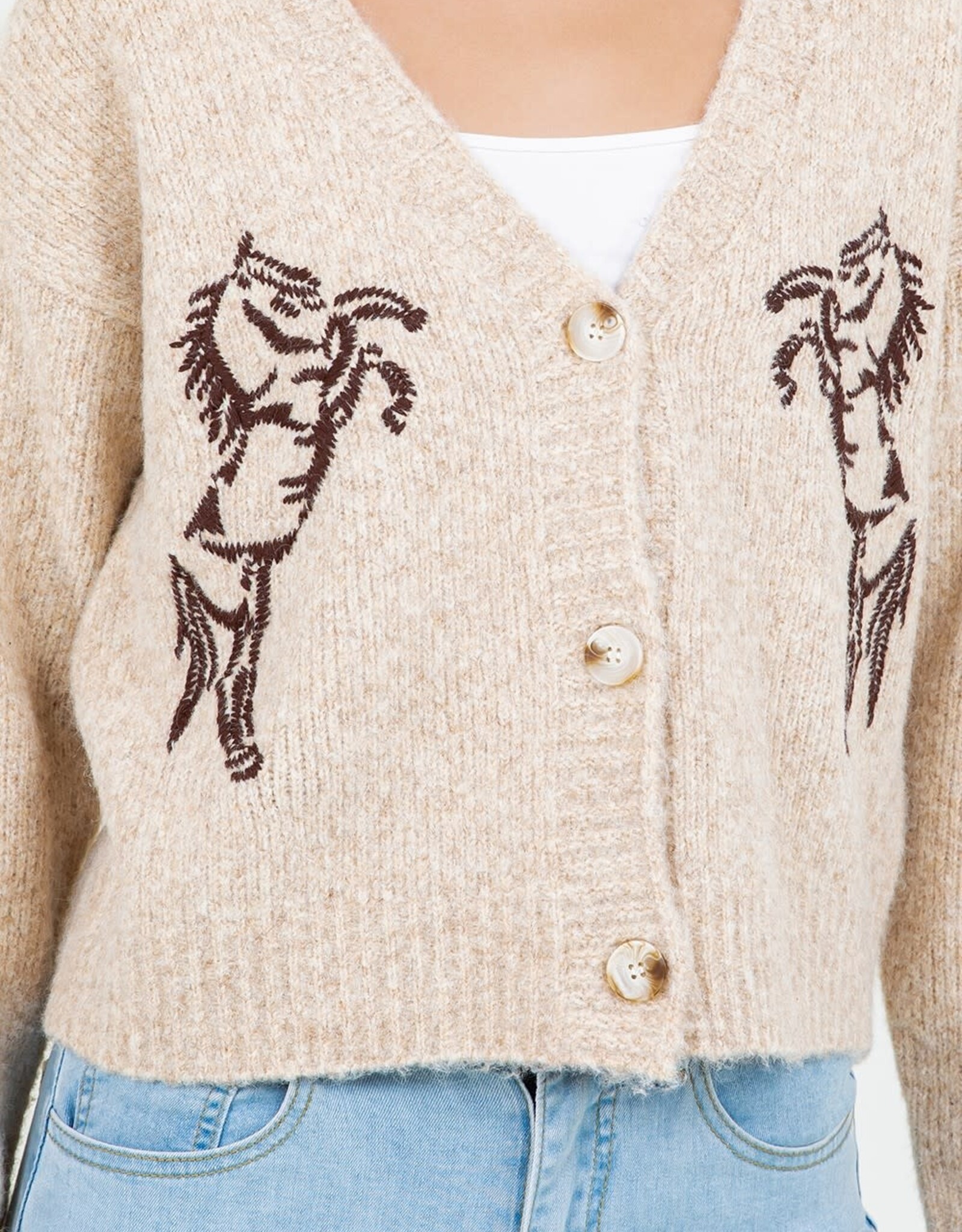 Miss Bliss Dream Prancing Horse Cardigan-Taupe