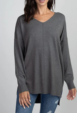Miss Bliss Dream Long V-neck Sweater With Front Seam- Charcoal