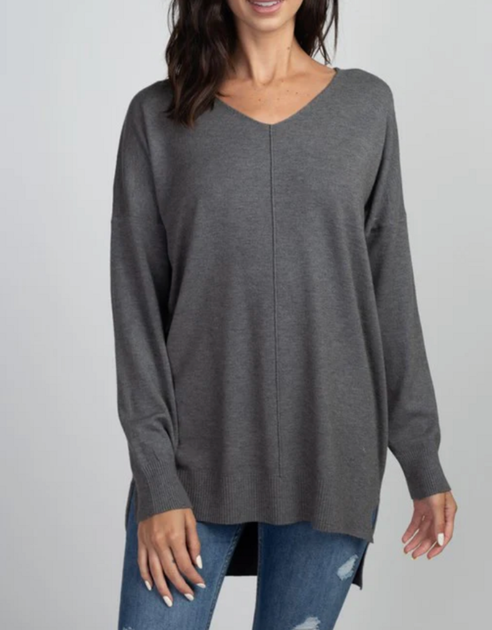 Miss Bliss Dream Long V-neck Sweater With Front Seam- Charcoal