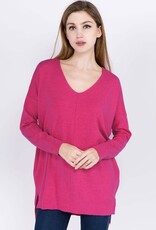 Miss Bliss Dream Long V-neck Sweater With Front Seam-Heather Hot Pink