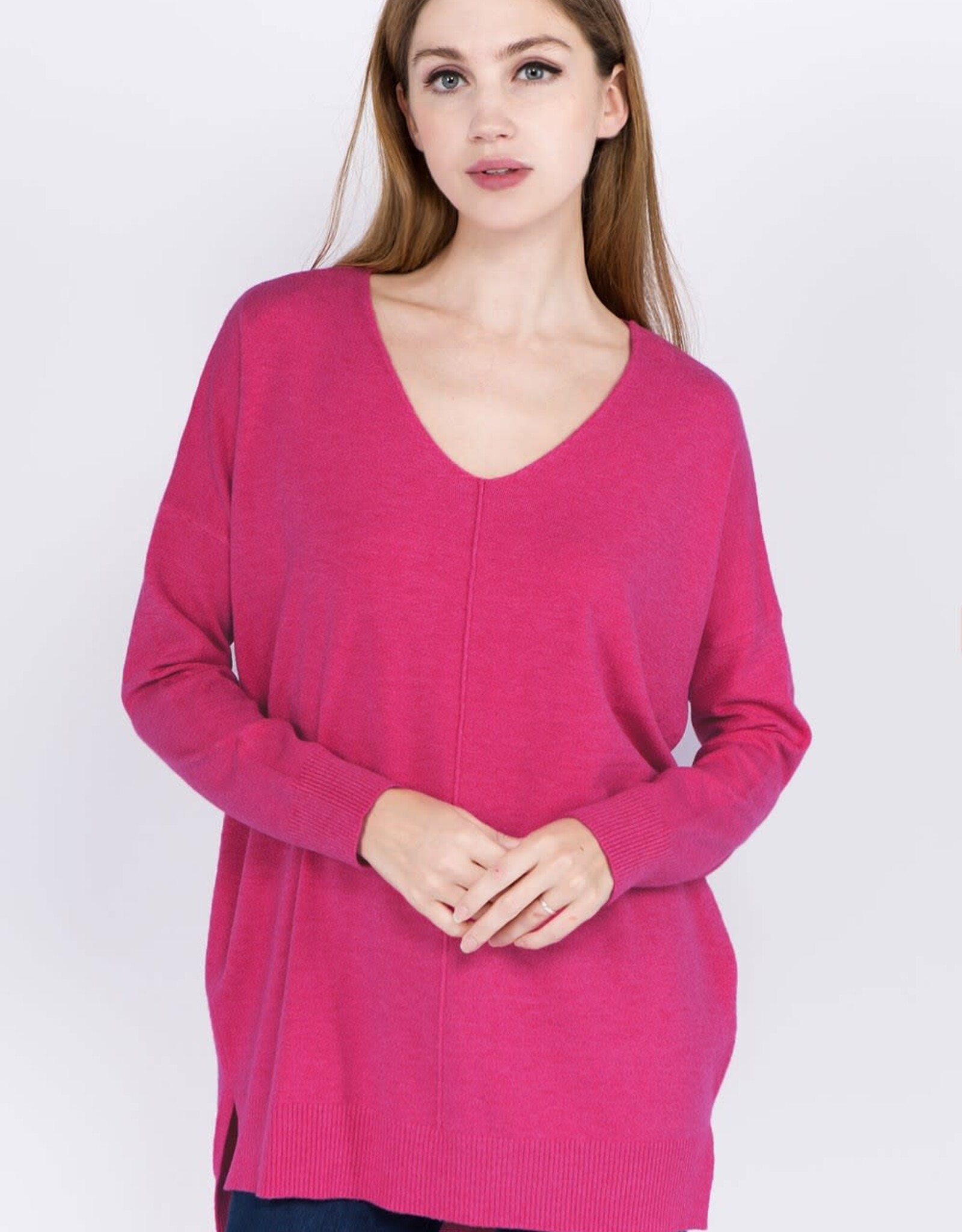 Miss Bliss Dream Long V-neck Sweater With Front Seam-Heather Hot Pink