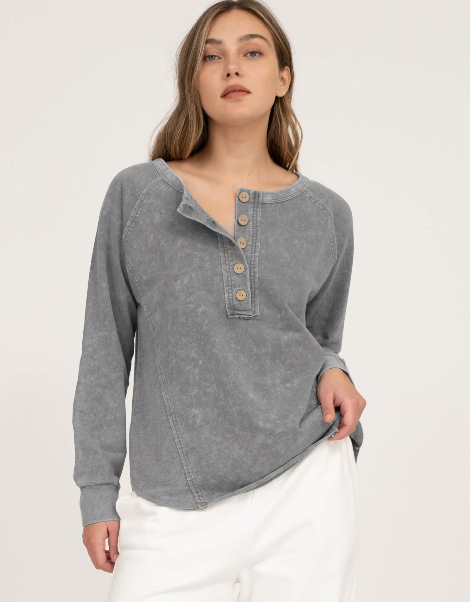 Miss Bliss M&E Henley Raglan LS Washed Top-Charcoal
