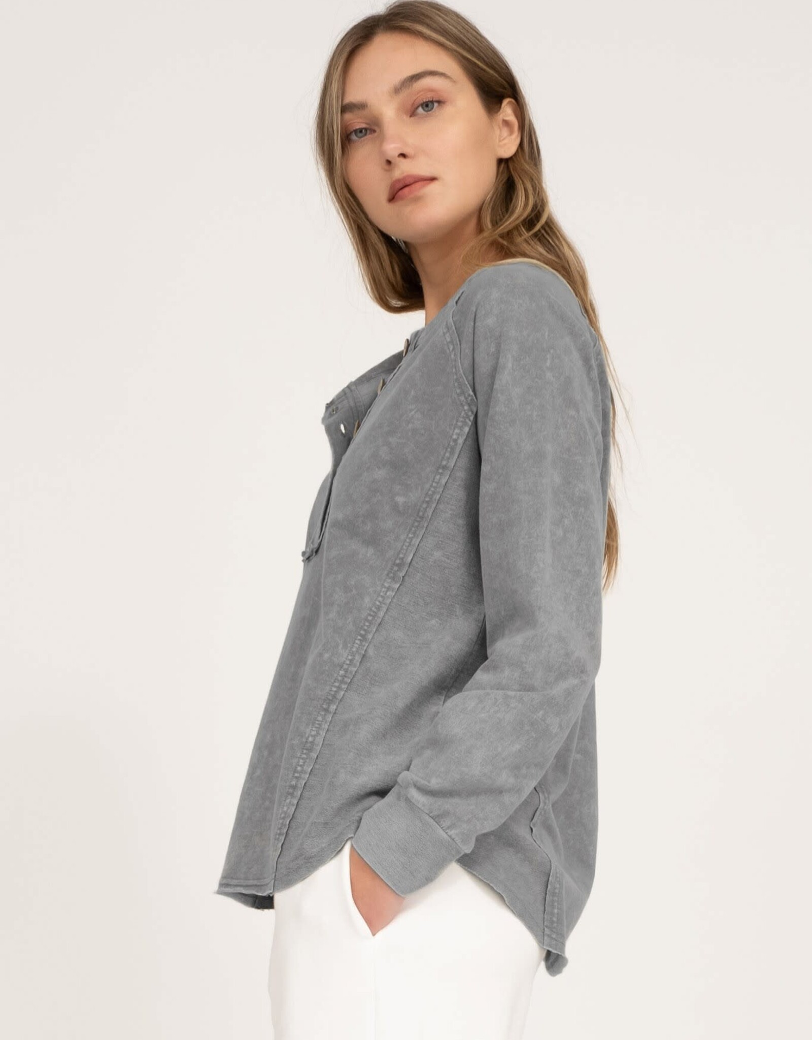 Miss Bliss M&E Henley Raglan LS Washed Top-Charcoal