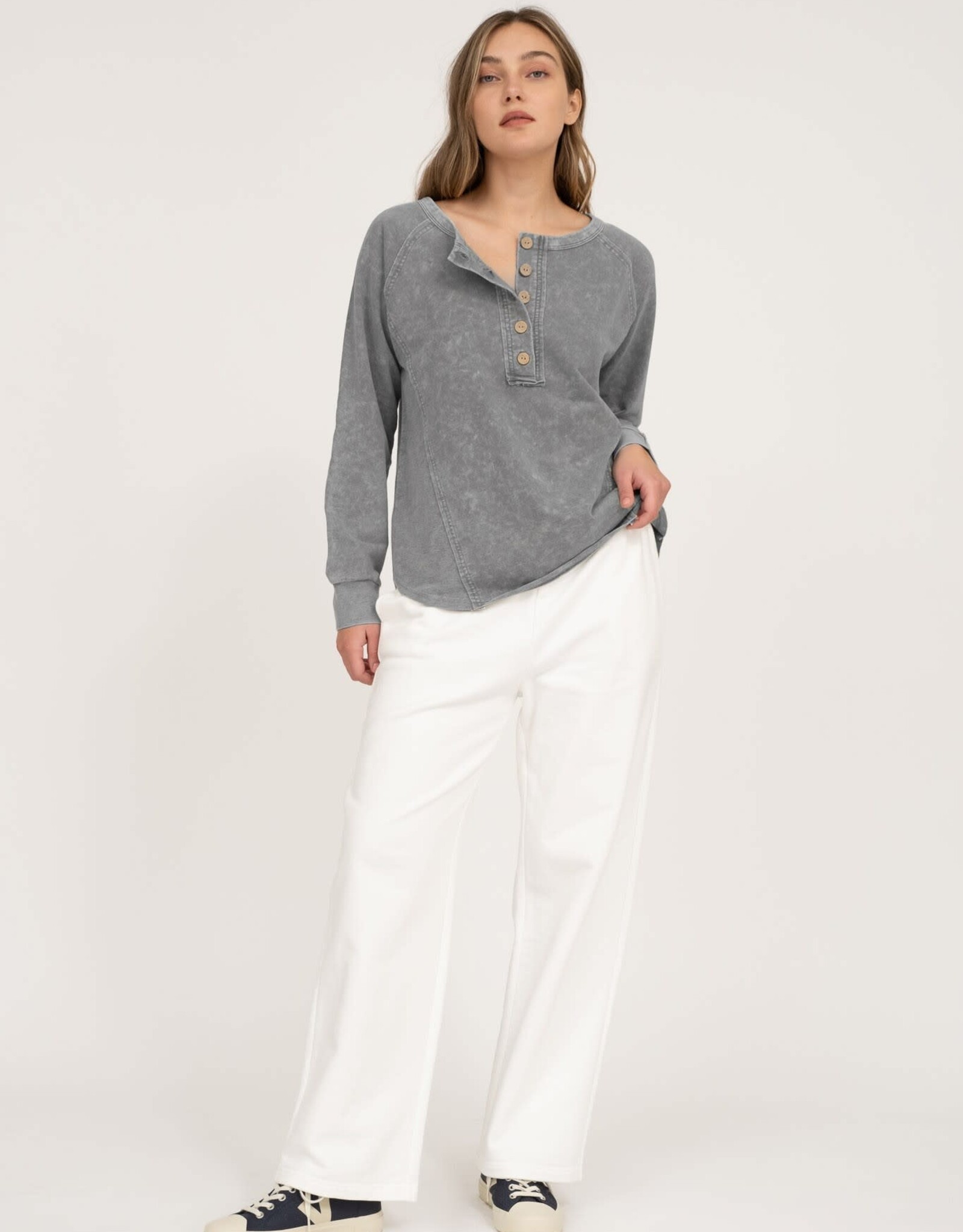 Miss Bliss M&E Henley Raglan LS Washed Top-Charcoal