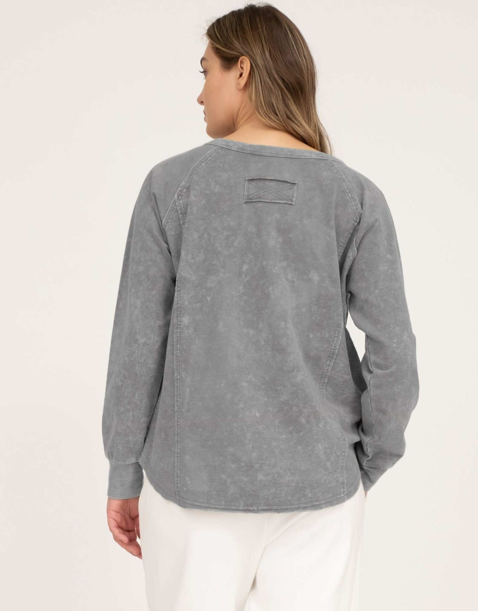 Miss Bliss M&E Henley Raglan LS Washed Top-Charcoal