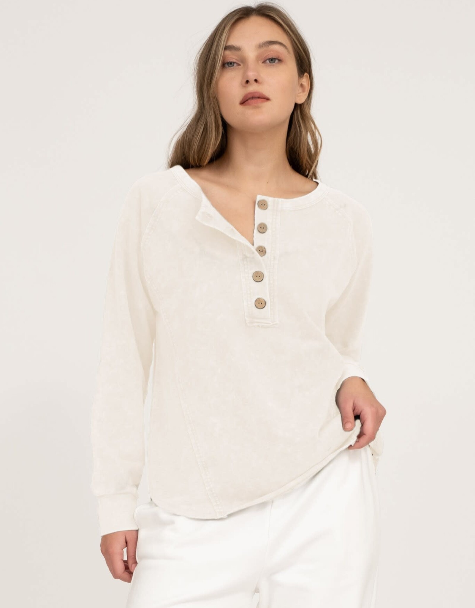 Miss Bliss M&E Henley Raglan LS Washed Top-Ivory
