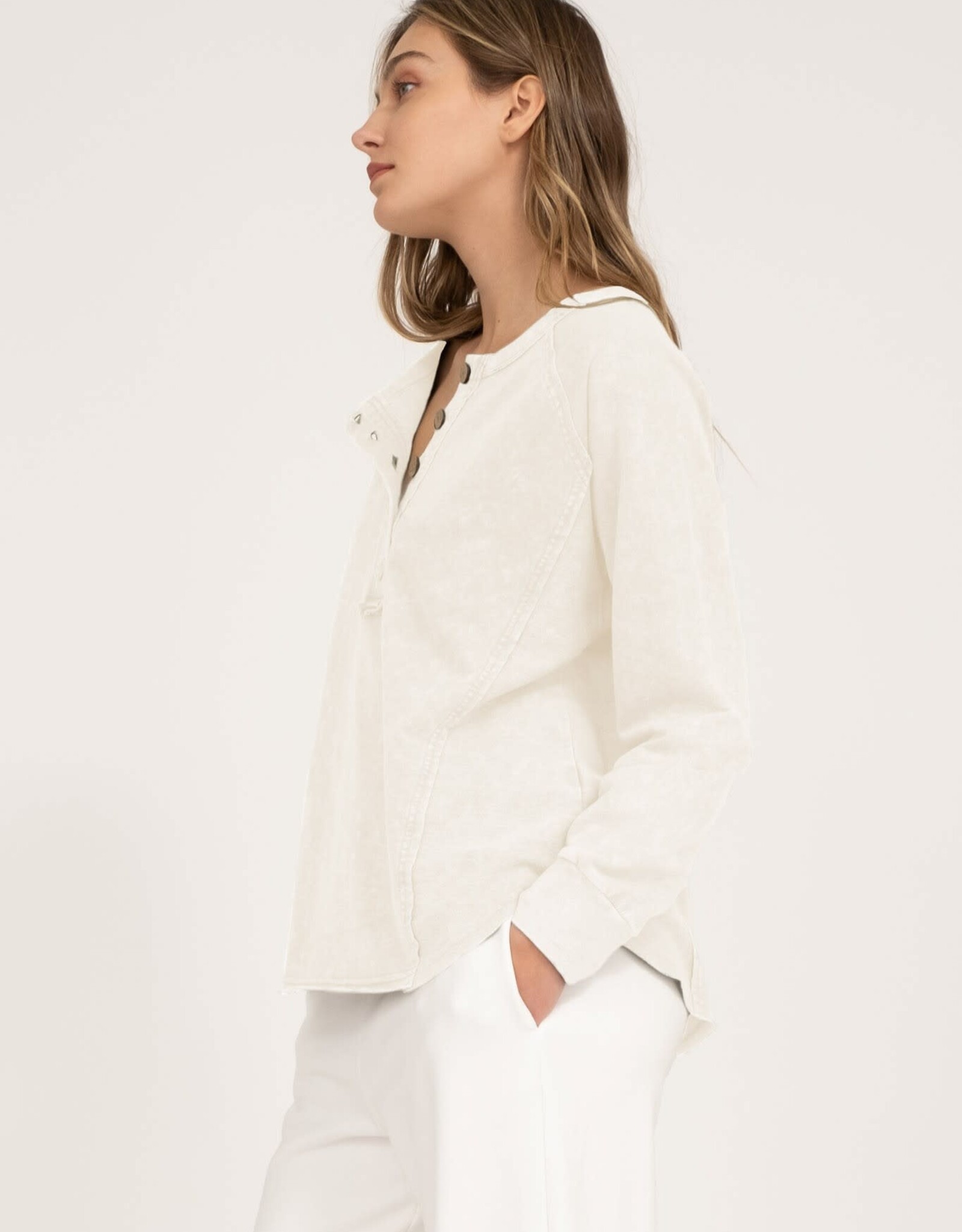 Miss Bliss M&E Henley Raglan LS Washed Top-Ivory
