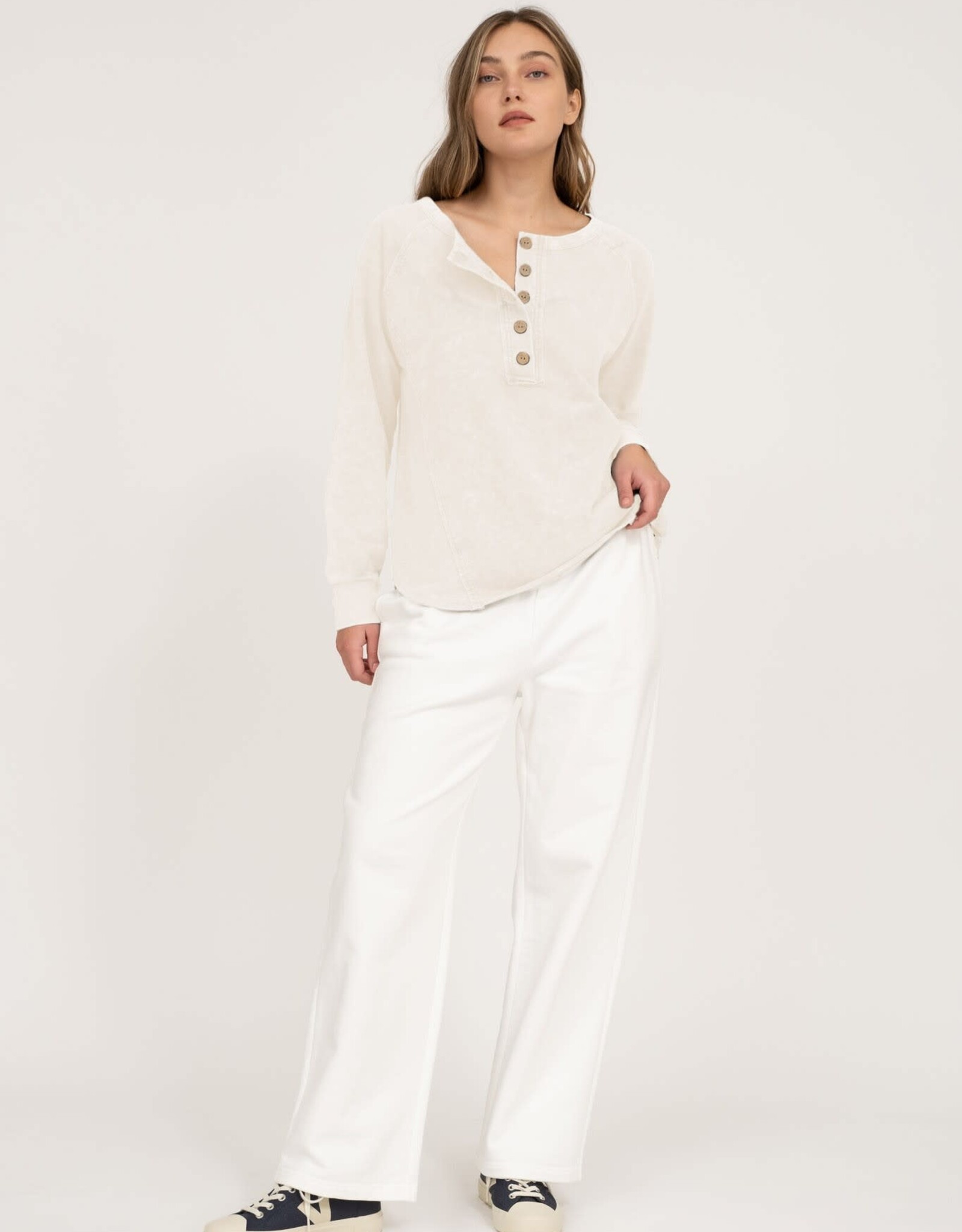 Miss Bliss M&E Henley Raglan LS Washed Top-Ivory